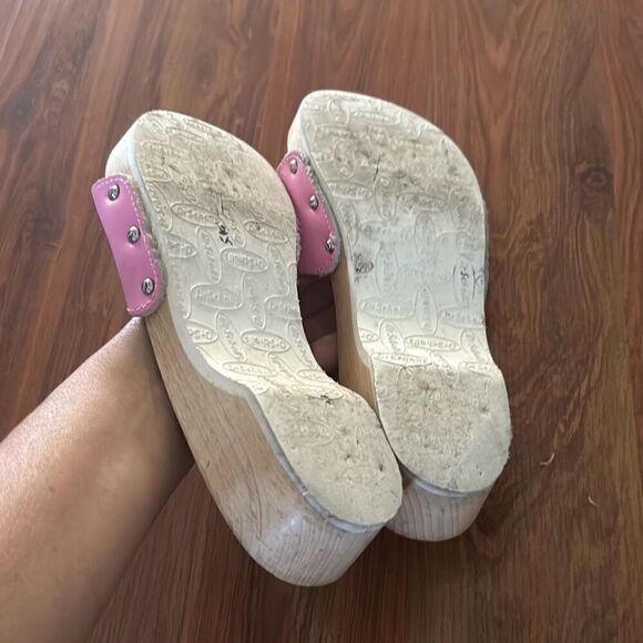 Vintage Dr Scholls pink leather wood made in Italy sandals flip-flops size 6 - Picture 4 of 6